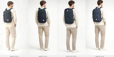 Größenvergleich Skule 20 / 24 / 26 / 28 – KI-generierte Darstellung – Fjällräven Skule Top 26 - Rucksack 15" 50 cm (deep forest)