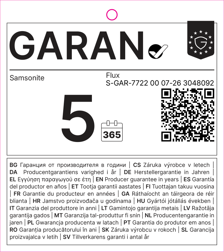 Etichetta GARAN UE: garanzia del produttore in anni: 5 – Samsonite