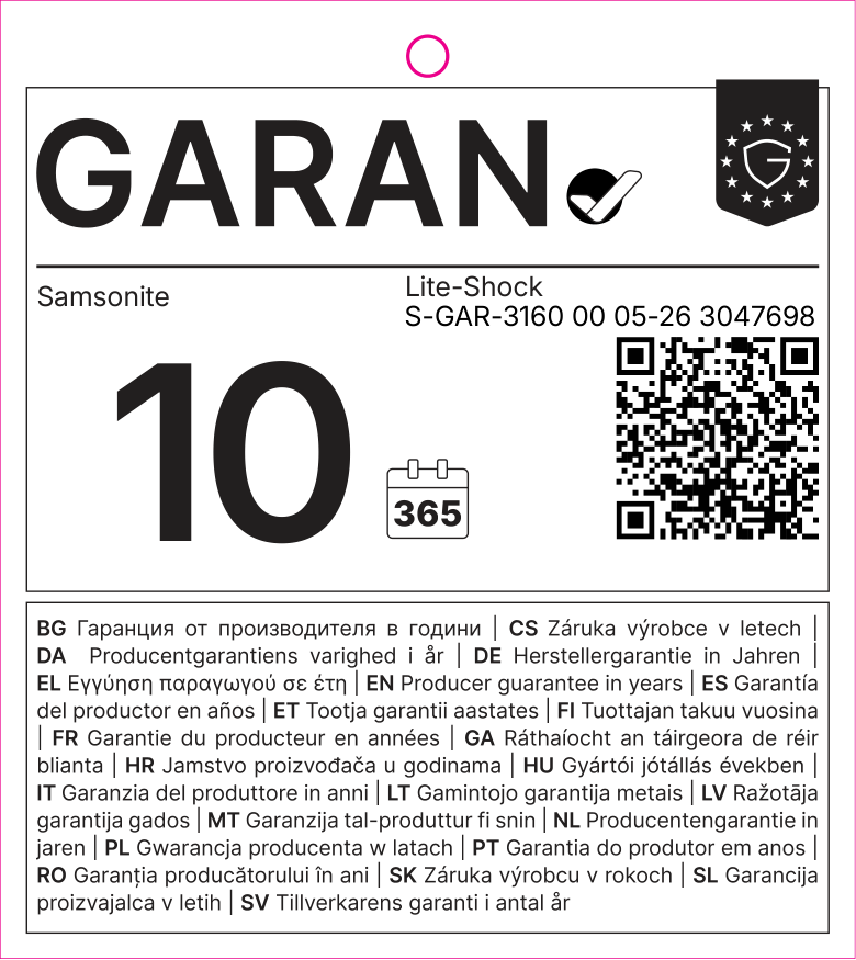 EU GARAN label: producer guarantee of durability in years: 10.0 – Samsonite