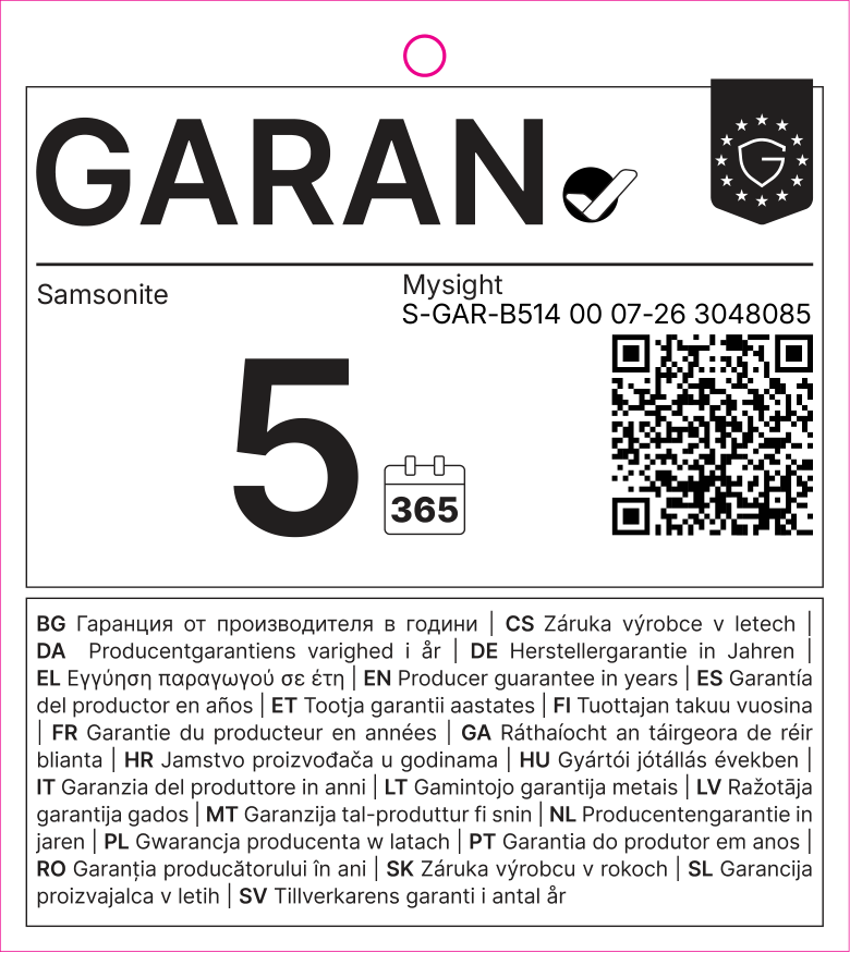 EU GARAN label: producer guarantee of durability in years: 5.0 – Samsonite