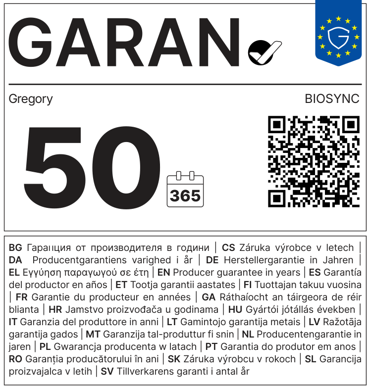 EU-GARAN-Label: Herstellergarantie in Jahren: 50 – Gregory