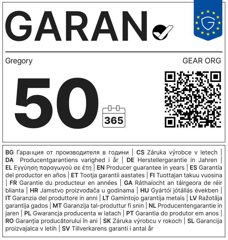 Etichetta GARAN UE: garanzia del produttore in anni: 50 – Gregory