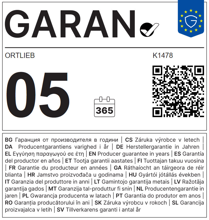 EU GARAN label: producer guarantee of durability in years: 5 – Ortlieb