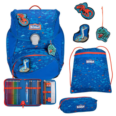 Scout Alpha Exklusiv Superflash - Schulranzen Set 4tlg. (Blue Dino) - Markenkoffer